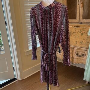 Eloquii Pink and Purple Animal Pattern Sheer Long-Sleeve Tie-Waist Dress w liner